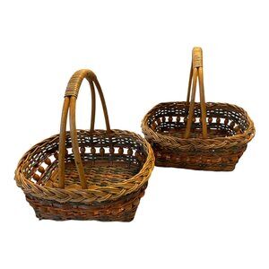 Pair of Vintage Woven Gift Baskets with Wooden Bead Trim – 12" x 12" x 10" – Boh